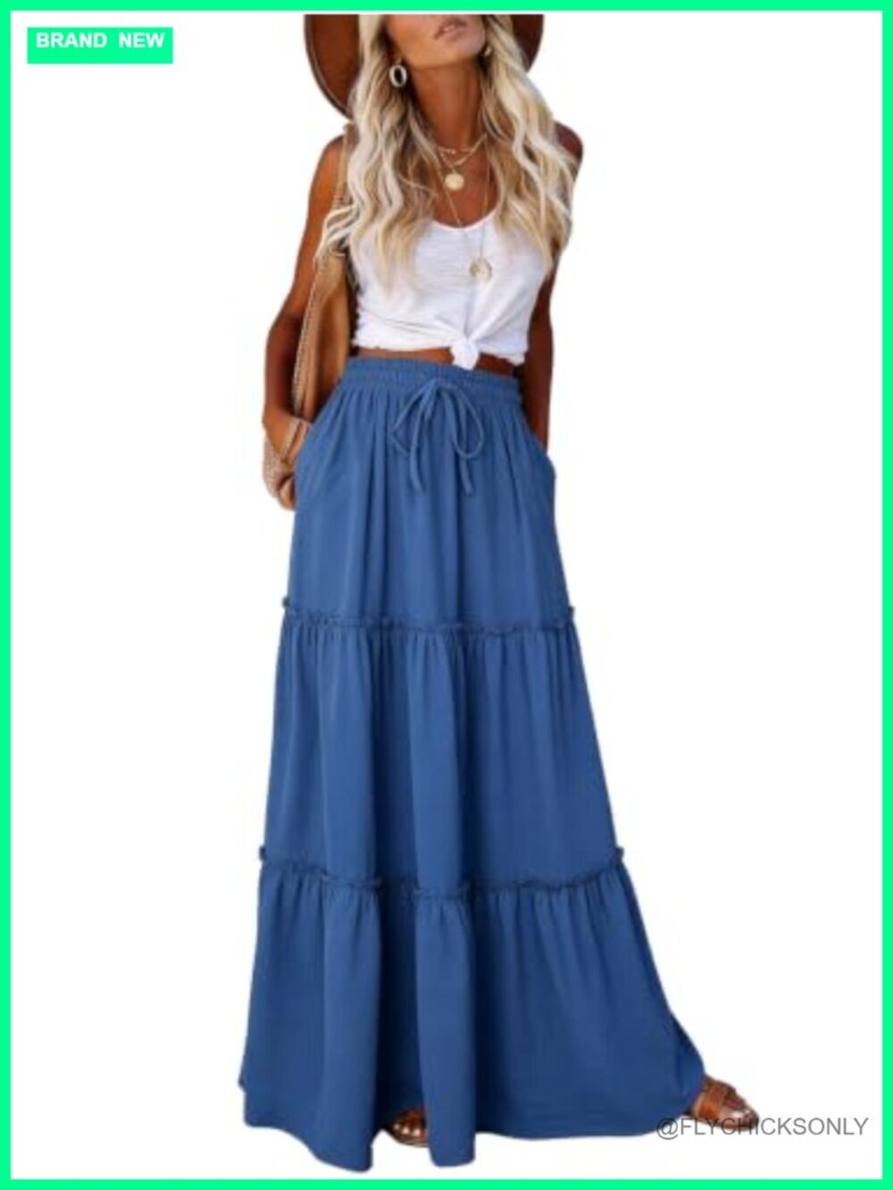 Flowy Maxi Skirt with Pockets Tiered Ruffled High Waist